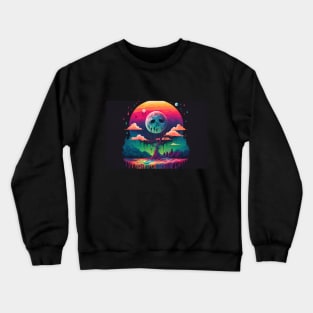 Rainy Night. Sad Full Moon. - Psychedelic Landscape - Paint Dripping 3D Illustration - Colorful Haunted Nature Scene Crewneck Sweatshirt